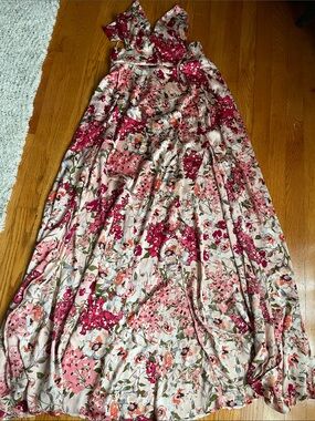 Luxxel beach Maxi Dress with Pink & Fuchsia Floral Print, two slits and bra top
